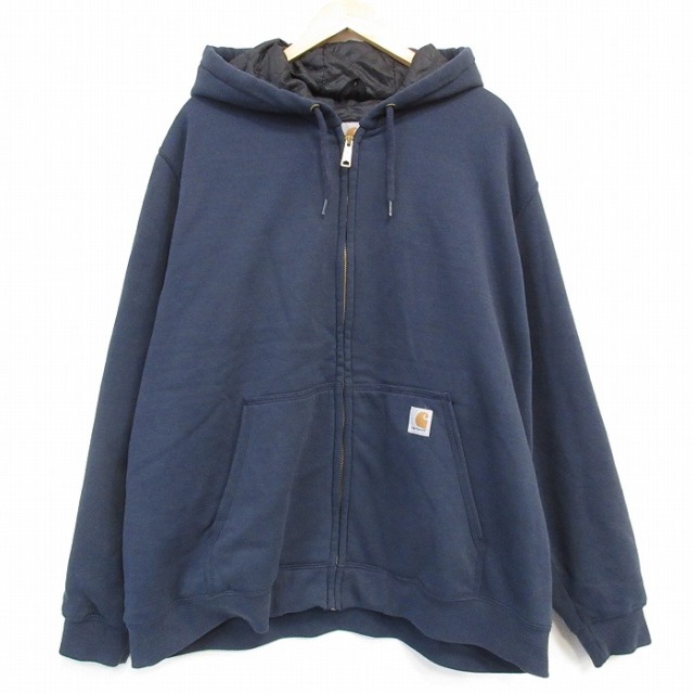 XL★古着 カーハート 長袖 フルジップ スウェット パーカー メンズ ワンポイントロゴ 大きいサイズ 紺 25dec12