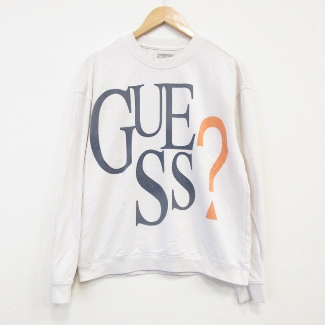 M★古着 ゲス GUESS 長袖 ブランド スウェット メンズ 00年代 00s ビッグロゴ クルーネック 白 25dec12