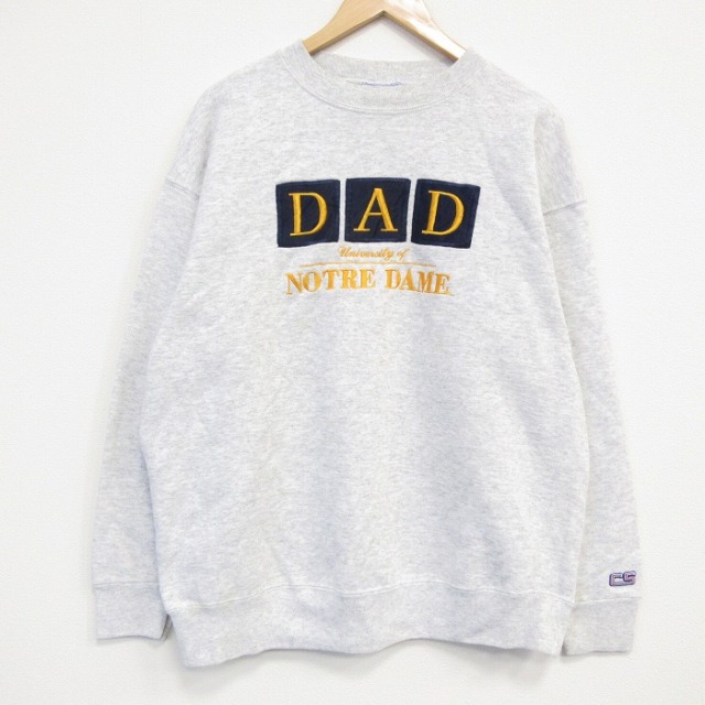 XL★古着 長袖 スウェット メンズ 90年代 90s ノートルダム 刺繍 クルーネック USA製 薄グレー 霜降り 25dec12