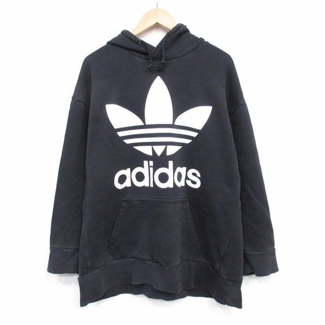 XL★古着 アディダス adidas 長袖 スウェット パーカー メンズ ビッグロゴ リーフ トレフォイル コットン 黒 25dec13
