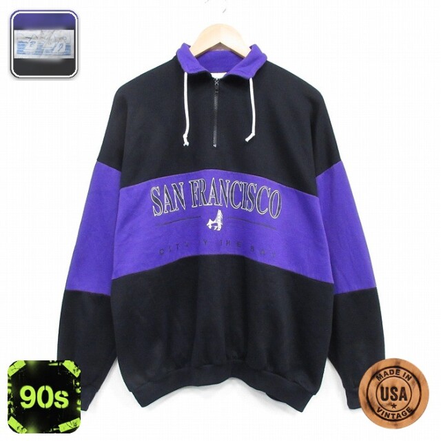 【50%OFF】90s ハーフジップスウェット サンフランシスコ ブラック XL | 古着