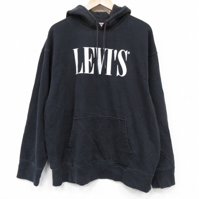 XL★古着 リーバイス Levis 長袖 スウェット パーカー メンズ ビッグロゴ 大きいサイズ コットン 黒 25dec15