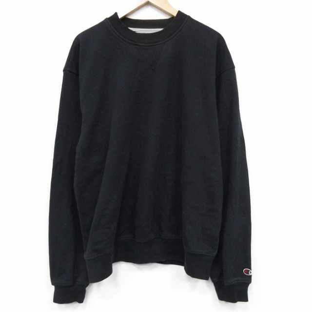XL★古着 チャンピオン champion 長袖 スウェット メンズ ワンポイントロゴ 大きいサイズ クルーネック 黒 25dec15