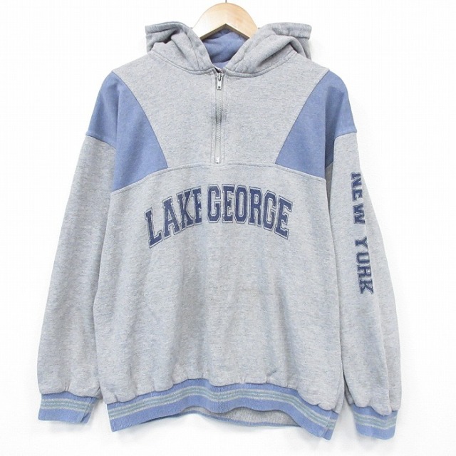 L★古着 長袖 ハーフジップ スウェット パーカー メンズ 90年代 90s LAKE USA製 薄グレー 霜降り 25dec15