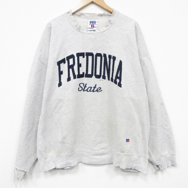 XL★古着 ラッセル 長袖 スウェット メンズ 90年代 90s FREDONIA 刺繍 ボロ 大きいサイズ クルーネック USA製 薄グレー 霜降り【spe】 25dec17