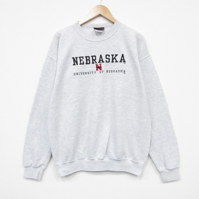 L★古着 長袖 スウェット メンズ 90年代 90s ネブラスカ 刺繍 クルーネック USA製 薄グレー 霜降り 25dec18