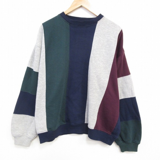 XL★古着 タウンクラフト 長袖 スウェット メンズ 90年代 90s  大きいサイズ マルチカラー クルーネック 紺他 25dec17