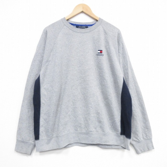XL★古着 トミーフィルフィガー 長袖 ブランド スウェット メンズ 90年代 90s ワンポイントロゴ 大きいサイズ ラグラン クルーネック グレー 霜降り【spe】 25dec16