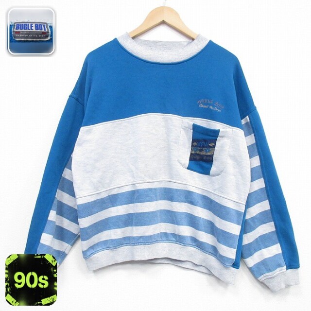 【50%OFF】ビューグルボーイ 90s 長袖スウェット ボーダー ブルー XL | 古着