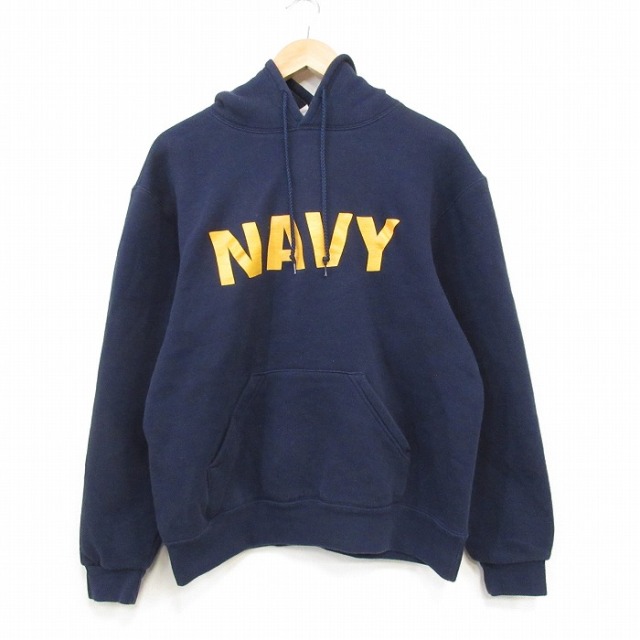 L★古着 長袖 スウェット パーカー メンズ 00年代 00s ミリタリー ネイビー NAVY 紺 25dec19
