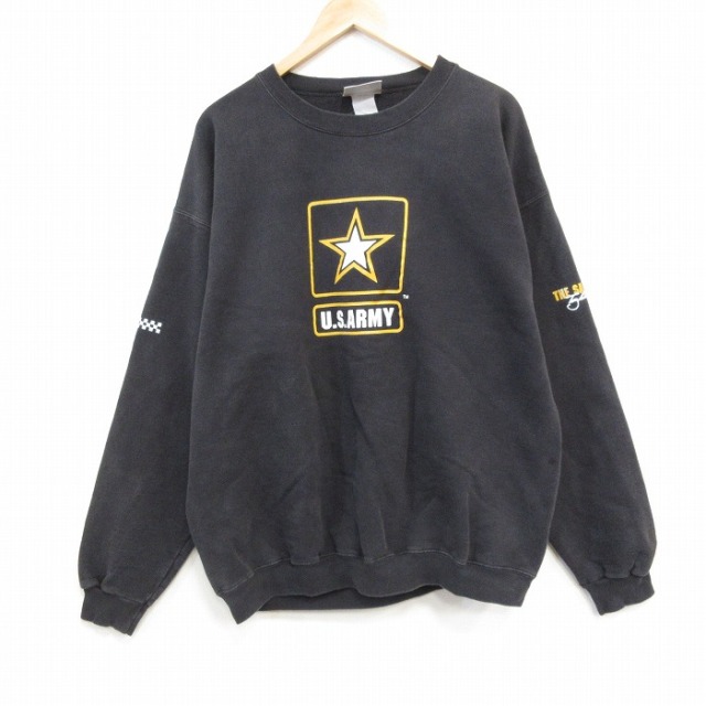 XL★古着 ヘインズ 長袖 スウェット メンズ 00年代 00s USアーミーレーシング クルーネック 黒 25dec19