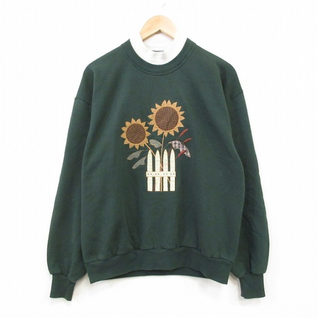 L★古着 長袖 スウェット メンズ 90年代 90s ヒマワリ 刺繍 モックネック ハイネック USA製 緑 25dec19