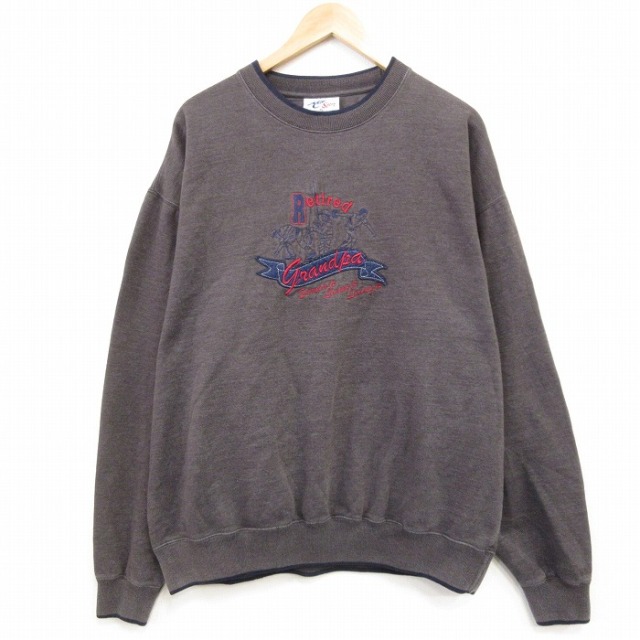 XL★古着 長袖 スウェット メンズ 00年代 00s グランパ 大きいサイズ クルーネック こげ茶 霜降り 25dec19