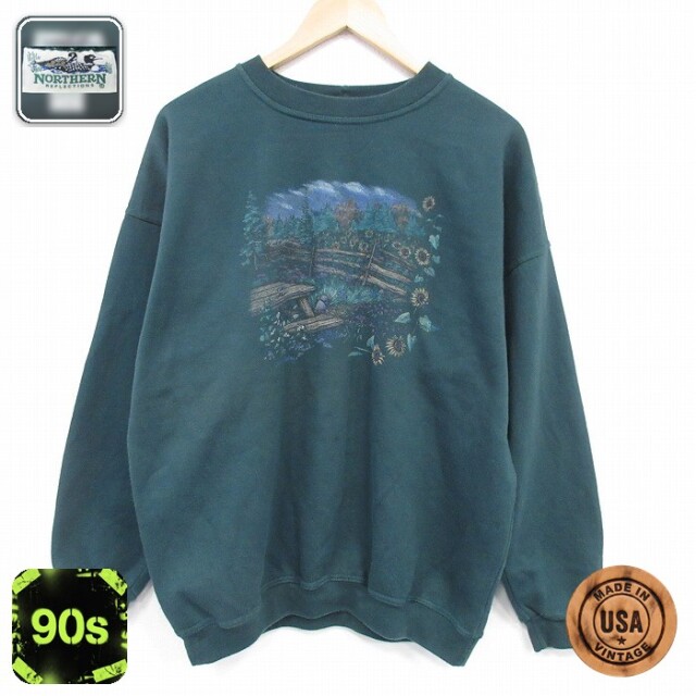 【50%OFF】NORTHERN REFRECTIONS 長袖 スウェット 90s 花 クルーネック USA製 濃緑 メンズXL相当 | 古着