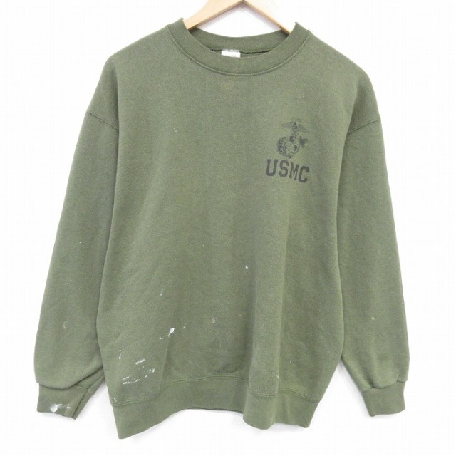 XL★古着 長袖 スウェット メンズ ミリタリー USMC クルーネック USA製 薄緑 25dec19