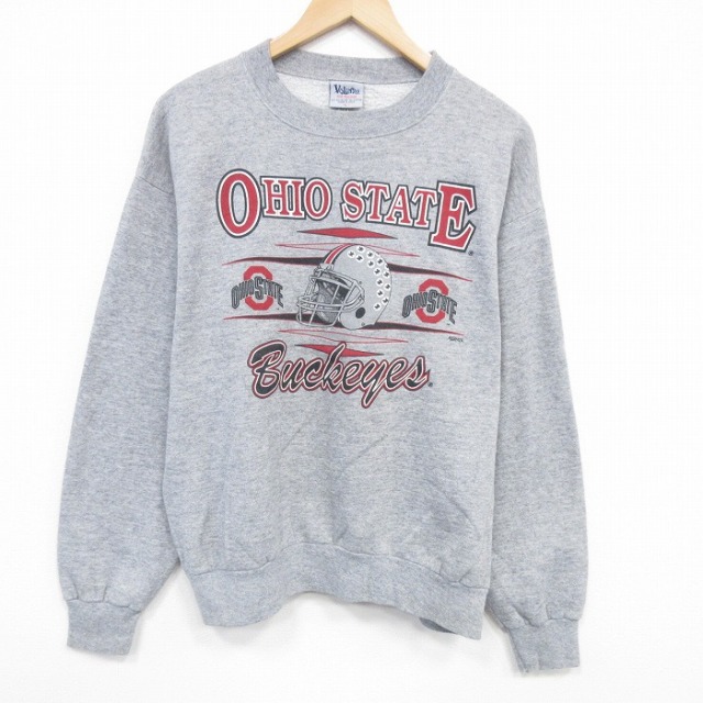 L★古着 長袖 スウェット メンズ 90年代 90s オハイオバックアイズ クルーネック USA製 グレー 霜降り 25dec20