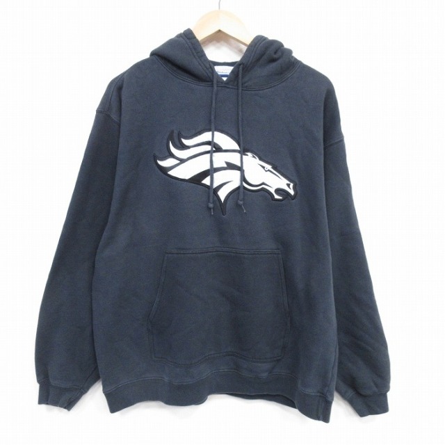XL★古着 リーボック 長袖 スウェット パーカー メンズ NFL デンバーブロンコス 刺繍 大きいサイズ 黒 アメフト スーパーボウル 25dec20