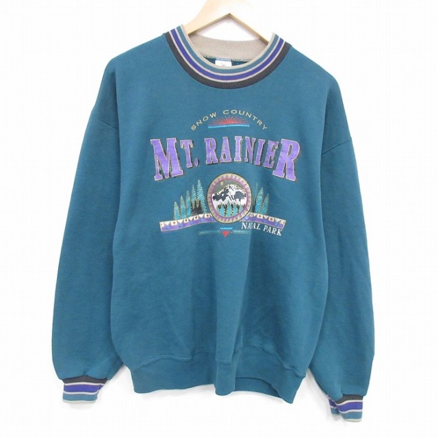 L★古着 ジャージーズ 長袖 スウェット メンズ 90年代 90s レーニア山 クルーネック USA製 緑【spe】 25dec20