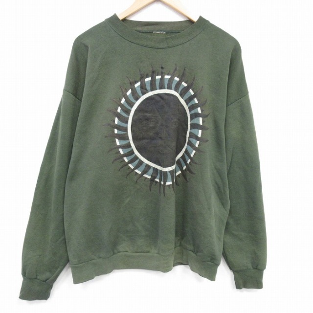 XL★古着 長袖 スウェット メンズ 太陽 クルーネック 濃緑 25dec20