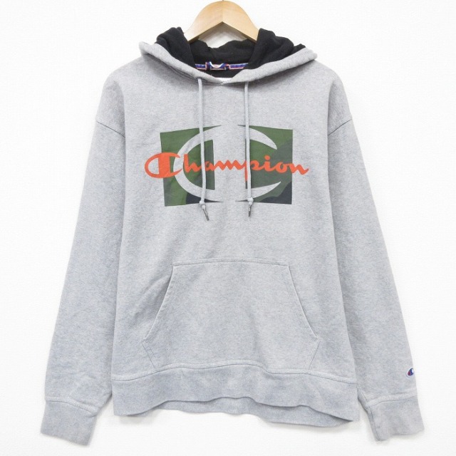 XL★古着 チャンピオン champion 長袖 スウェット パーカー メンズ ビッグロゴ グレー 霜降り 25dec20