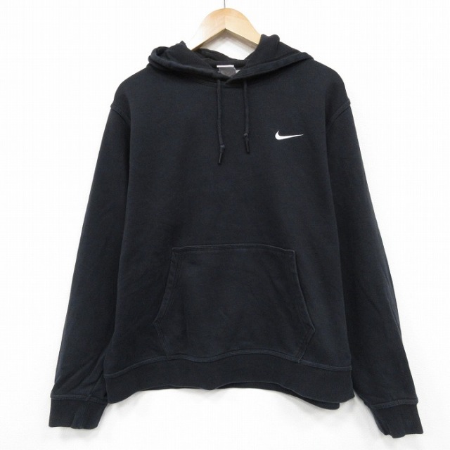 XL★古着 ナイキ NIKE 長袖 スウェット パーカー メンズ ワンポイントロゴ 大きいサイズ 黒 25dec20