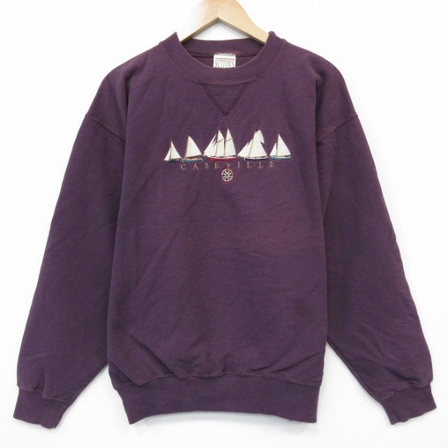 L★古着 長袖 スウェット メンズ 90年代 90s ヨット 刺繍 クルーネック USA製 エンジ 25dec20