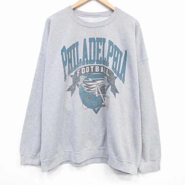 XL★古着 長袖 スウェット メンズ NFL フィラデルフィアイーグルス 大きいサイズ クルーネック 薄グレー 霜降り アメフト スーパーボウル 25dec22