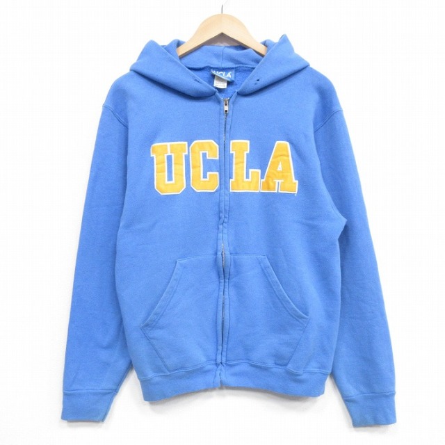 M★古着 長袖 フルジップ スウェット パーカー メンズ 00年代 00s UCLA 刺繍 USA製 水色 25dec22
