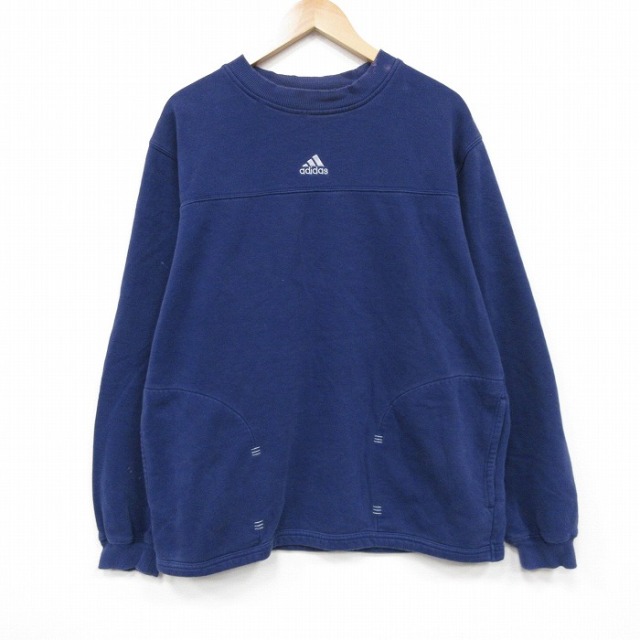L★古着 アディダス adidas 長袖 スウェット メンズ 00年代 00s ワンポイントロゴ クルーネック 紺 25dec23