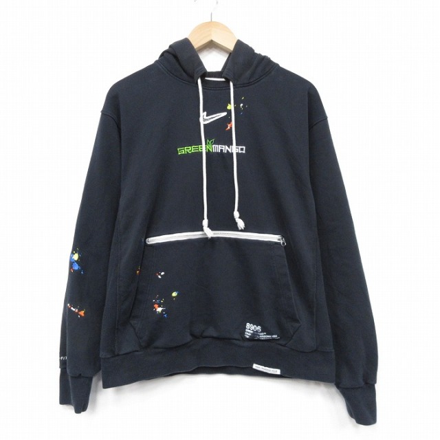L★古着 ナイキ NIKE 長袖 スウェット パーカー メンズ グリーンマニア 刺? 黒 25dec23