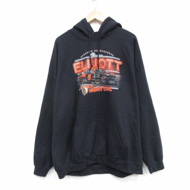 XL★古着 長袖 スウェット パーカー メンズ レーシングカー チェイスエリオット 黒 25dec23