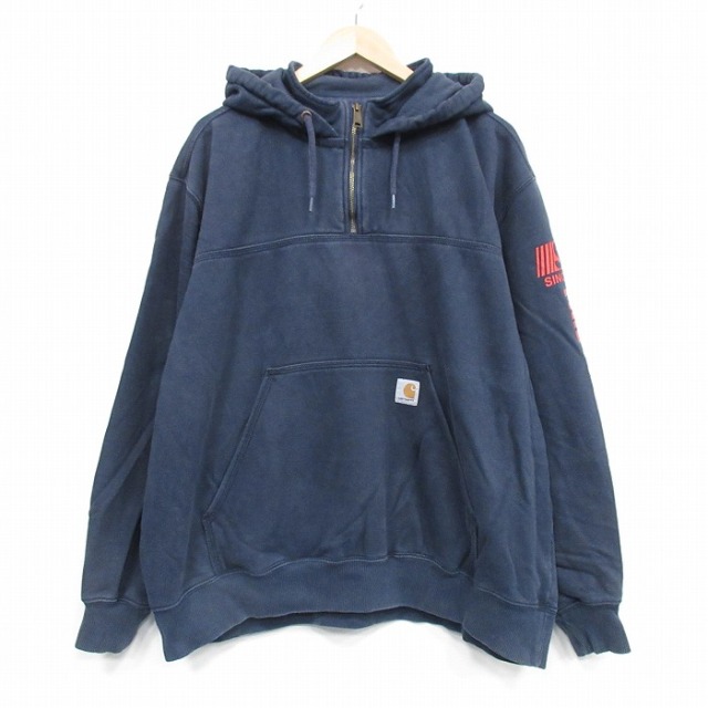 XL★古着 カーハート 長袖 ハーフジップ スウェット パーカー メンズ FIRE 紺 25dec24