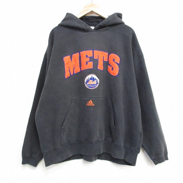 【20%OFF】XL★古着 アディダス adidas 長袖 スウェット パーカー メンズ MLB ニューヨークメッツ 刺繍 黒 メジャーリーグ ベースボール 野球 25dec24