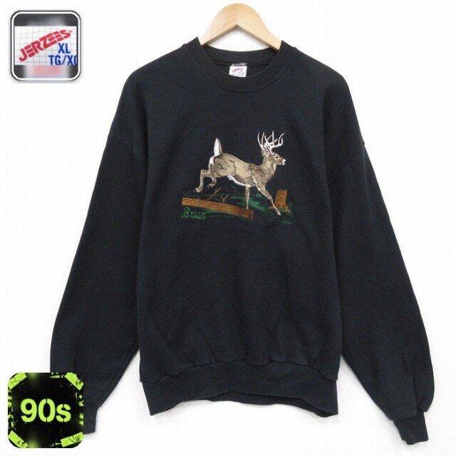 【50%OFF】ジャージーズ 90s 長袖スウェット シカ刺繍 ブラック L | 古着