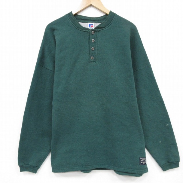 古着通販 XL☆古着 長袖 スウェット メンズ ヘンリーネック USA製 緑