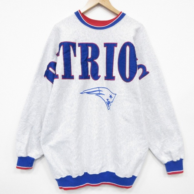 XL★古着 長袖 スウェット メンズ 90年代 90s NFL ニューイングランドペイトリオッツ 刺繍 大きいサイズ クルーネック USA製 薄グレー 霜降り アメフト スーパーボウル【spe】 25dec27