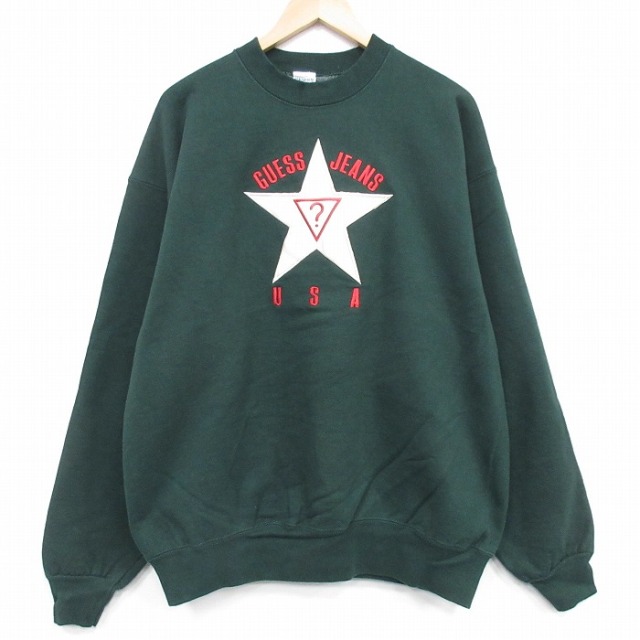 XL★古着 ゲス GUESS 長袖 ブランド スウェット メンズ 90年代 90s 星 刺? コットン クルーネック USA製 濃緑 25dec29