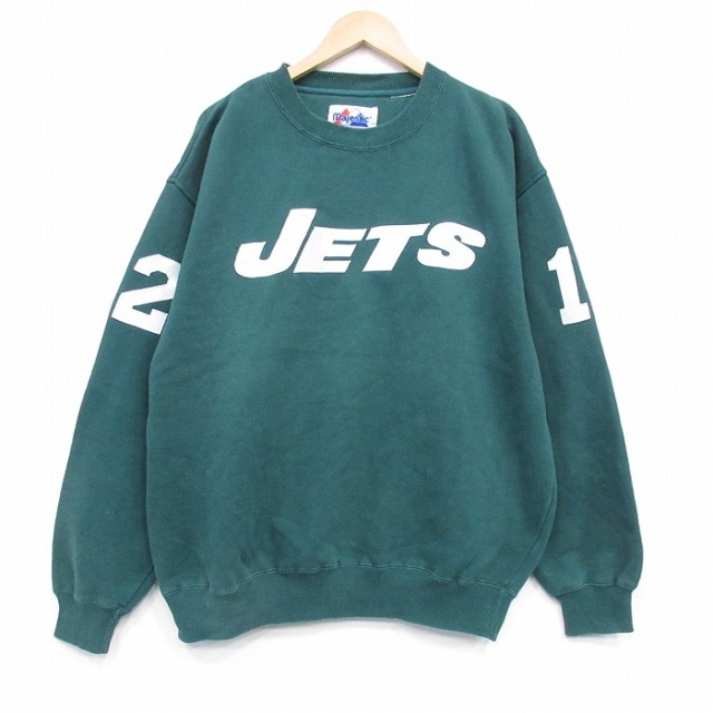 XL★マジェスティック 古着 長袖 スウェット メンズ 00年代 00s NFL ニューヨークジェッツ ジョーネイマス 12 クルーネック 緑 アメフト スーパーボウル 25dec29