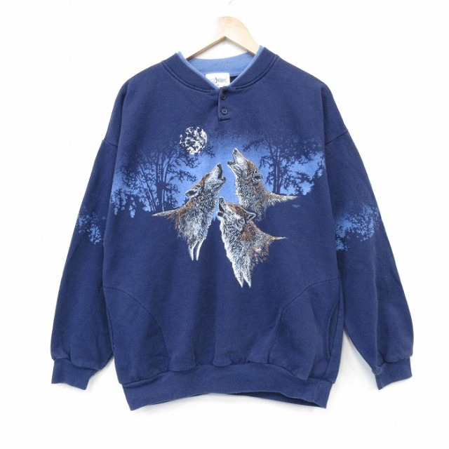 XL★古着 長袖 スウェット メンズ 90年代 90s オオカミ ヘンリーネック 紺 25dec29