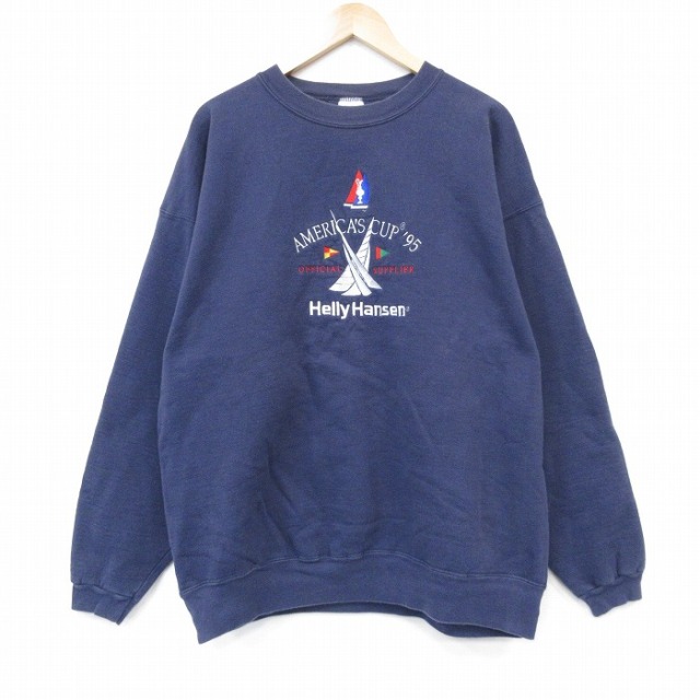 XL★古着 長袖 スウェット メンズ 00年代 00s ヘリーハンセン 刺繍 大きいサイズ クルーネック USA製 紺 25dec29