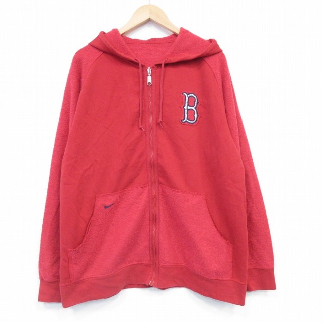 XL★古着 ナイキ NIKE 長袖 フルジップ スウェット パーカー メンズ 00年代 00s MLB ボストンレッドソックス リバーシブル ラグラン 赤 メジャーリーグ ベースボール 野球 26jan05