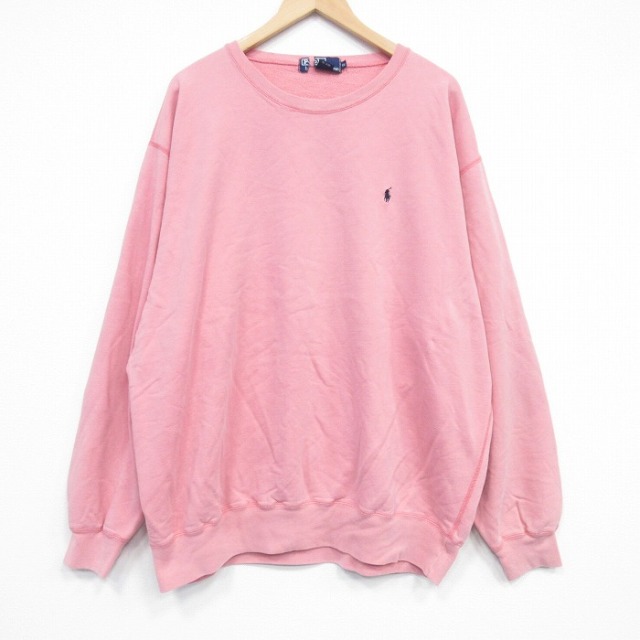 XL★古着 ラルフローレン 長袖 ブランド スウェット メンズ 90年代 90s ワンポイントロゴ 大きいサイズ クルーネック ピンク 26jan05
