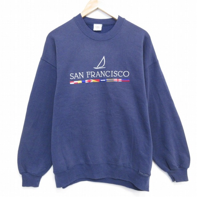 XL★古着 Crazy Shirts 長袖 スウェット メンズ 90年代 90s サンフランシスコ 刺繍 クルーネック USA製 紺 26jan07