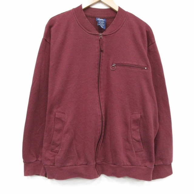 XL★古着 長袖 フルジップ スウェット メンズ 00年代 00s 無地 大きいサイズ クルーネック エンジ 26jan07