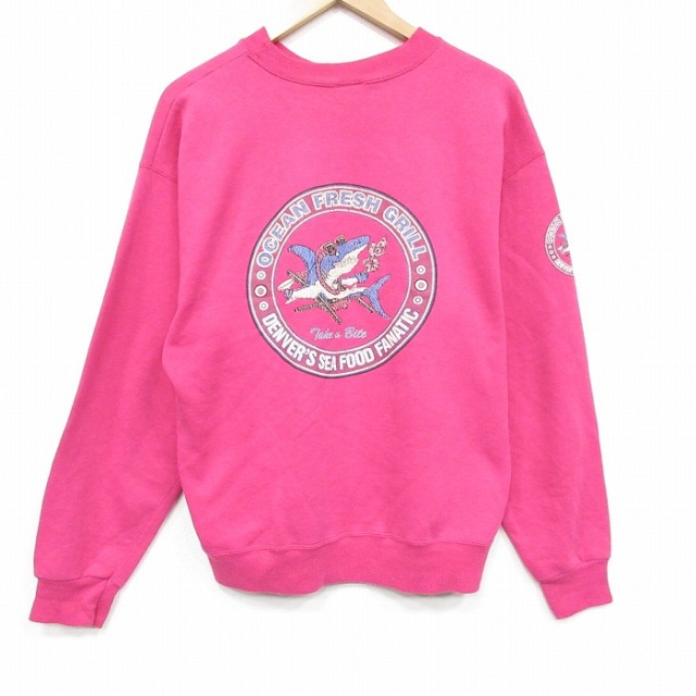 L★古着 長袖 スウェット メンズ 90年代 90s サメ クルーネック ピンク 26jan07