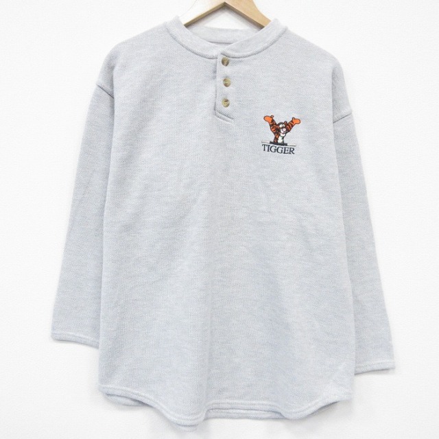 XL★古着 長袖 スウェット メンズ 00年代 00s ディズニー くまのプーさん ティガー ヘンリーネック 薄グレー 26jan08