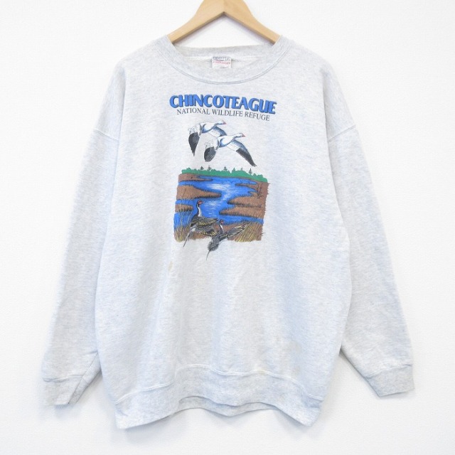 XL★古着 オニータ 長袖 スウェット メンズ 90年代 90s 鳥 大きいサイズ クルーネック USA製 薄グレー 霜降り 26jan09