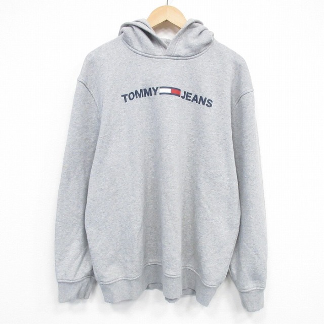 XL★古着 トミーヒルフィガー トミージーンズ 長袖 ブランド スウェット パーカー メンズ ビッグロゴ 大きいサイズ グレー 霜降り 26jan10