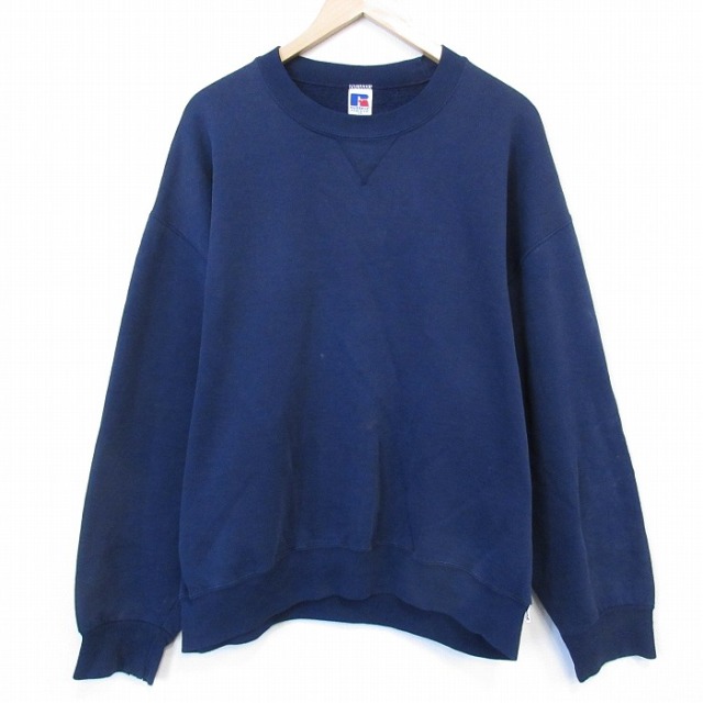 XL★古着 ラッセル 長袖 スウェット メンズ 90年代 90s 無地 クルーネック USA製 紺【spe】 26jan13