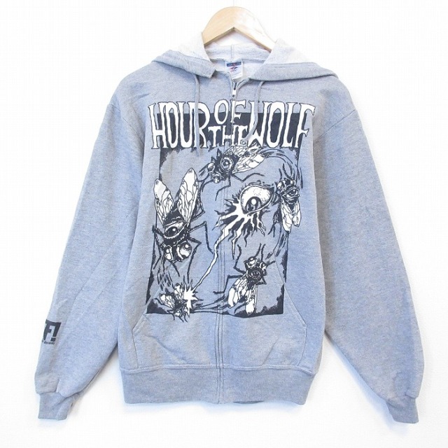 S★古着 ジャージーズ 長袖 ロック バンド フルジップ スウェット パーカー メンズ HOUR OF THE WOLF クルーネック グレー 霜降り 26jan13